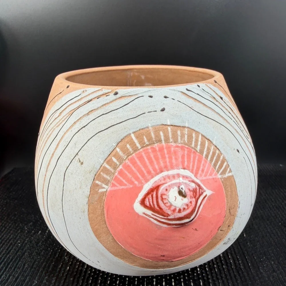 Niko Studio Pottery Terracotta Eye Planter Pink White Succulent Pot Handmade 4in